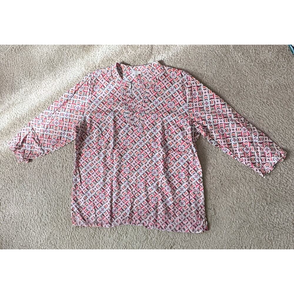 Talbots Women’s Tunic Top Large Pink Blue Geometric Print Tie Neck 3/4 Sleeve